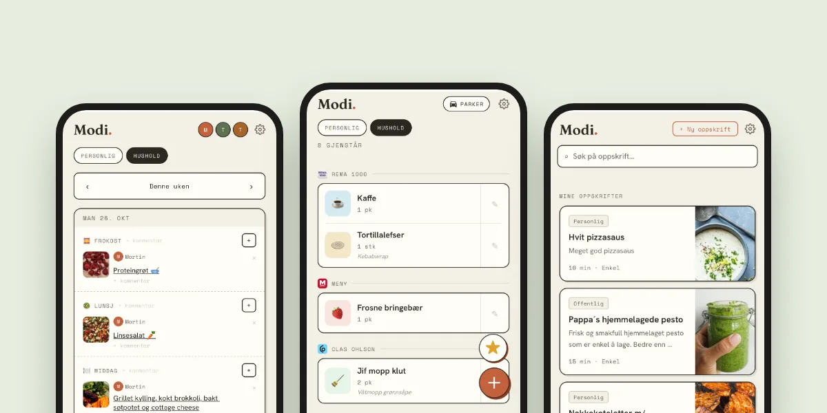 Tre skjermbilder av Modi på mobil: ukeplan, handleliste og oppskrifter